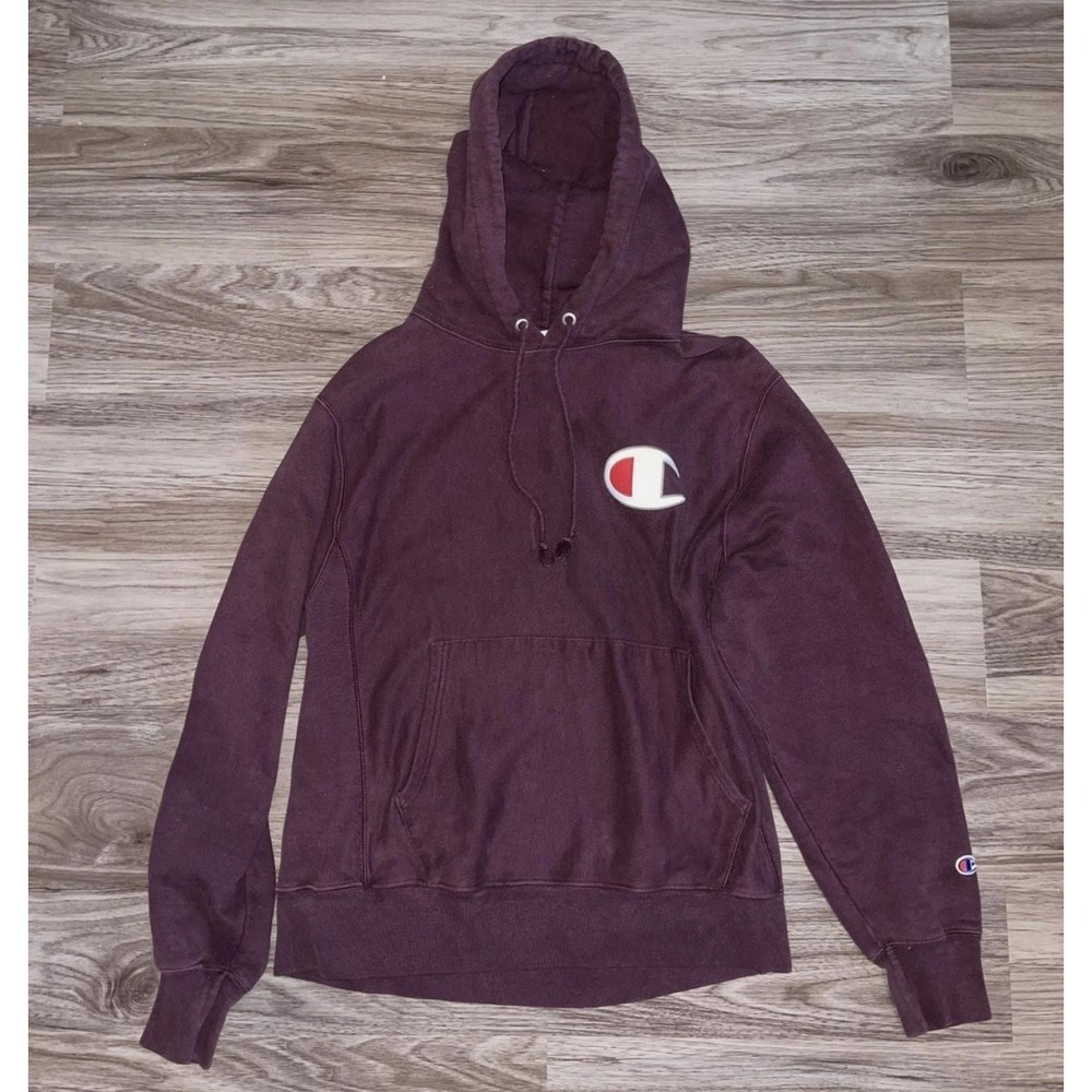 Champion Hoodie Mens Medium Red Reverse Weave Fleece Pullover Big C Chest Logo